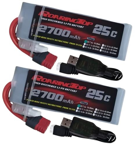 RoaringTop 2S Lipo Akku 7,4V 2700mAh 25C mit Stecker T Kompatibel mit WLtoys 104009/104002/104072/124017/124018 1:10 1:12 RC Auto LKW mit 2 USB-Ladegeräten (2 Stück)