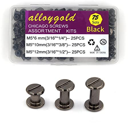 Alloygold 75 Sets Gun Black Chicago Binding Screws Assorted Kit ，3 Sizes of Round Flat Head Stud Screw Nail Rivet Chicago Button DIY Leather Decoration Bookbinding（M5*6,10,12）