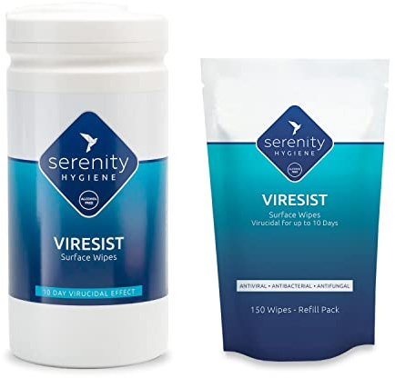 Antibacterial Surface Cleaning Wipes - Viresist 10 Day Residual Protection - Sanitising Surface Wipes for all Hard Surfaces- Made in UK - Refillable Tub of 150 Large Strong Wet Wipes - Tub Plus Refill