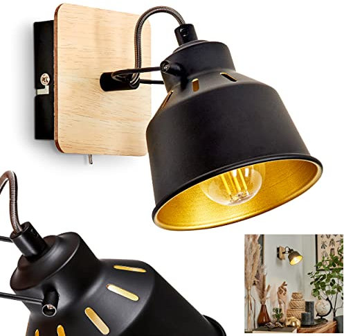 Wandleuchte Safari, Wandlampe aus Metall/Holz in Schwarz/Chrom/Gold/Hellbraun, verstellbare Leuchte, Retro-/Vintage-Design, Lichteffekt u. An-/Ausschalter am Gehäuse, 1-flammig, E14, ohne Leuchtmittel