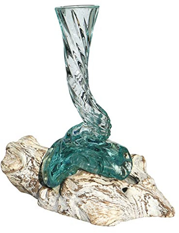 Wogeka - White Line Collection - weiße Glas-Vase Elegance auf Wurzel-Holz als Maritime Mediterrane Deko Geschenk-Idee zu Weihnachten Geburtstag (Elegance 20w)