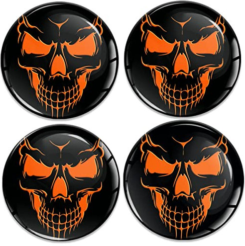 Biomar Labs 4 x 50mm Aufkleber 3D Silikon Schädel Orange Für Radkappen Nabenkappen Radnabendeckel Rad-Aufkleber Nabendeckel A 7450
