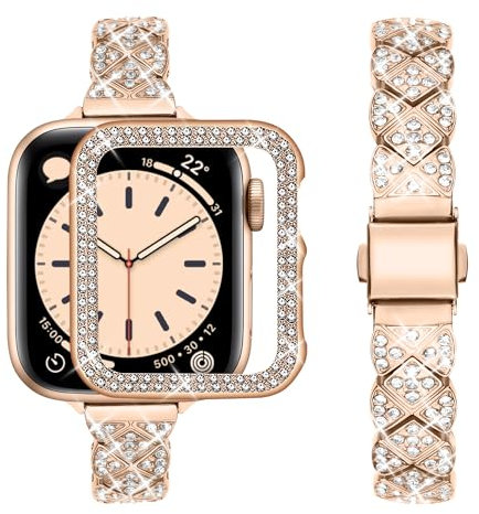 wutwuk Brillante Correa Compatible Apple Watch Mujer 38mm con Diamantes, Correa de Acero Inoxidable Delgada con Funda Protetora para Apple Watch series 3 2 1-Oro Rosa 38mm