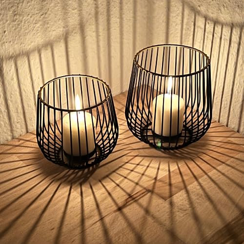 Windlicht 2er Set Metall inkl. Teelichtgläser – Schwarz mit Gold Rand - Teelichthalter groß & klein Kerzenhalter - Deko Glas – Home Dekoration modern