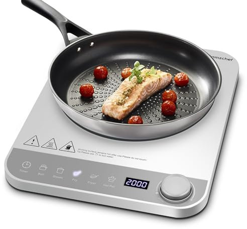 AMZCHEF Einzel Induktionskochplatte, Induktionskochfeld 1 Platte mit Schlankem Design, Elektronischer Drehknopf, 5 automatische Modi, 10 Leistungs- und Temperaturstufen, Zeitschaltuhr, 2000W,Silver