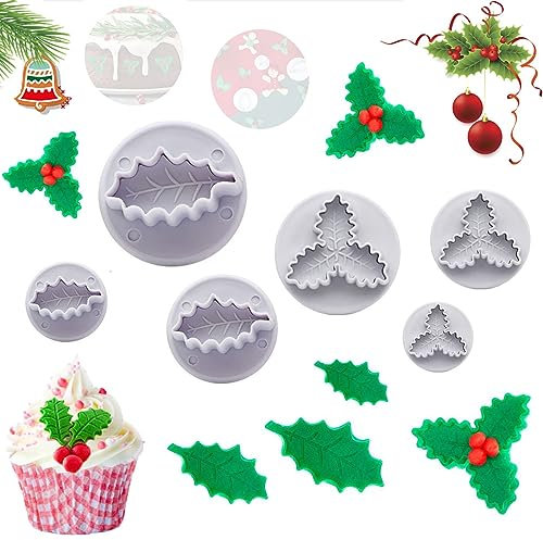 Fondant Ausstecher Set, 6Pcs Fondant Ausstechformen Ausstechformen Weihnachten DIY Schneeflocken Fondant Ausstechformen Auswerfer für Holly Leaf Thema Kuchen Backküchenzubehör
