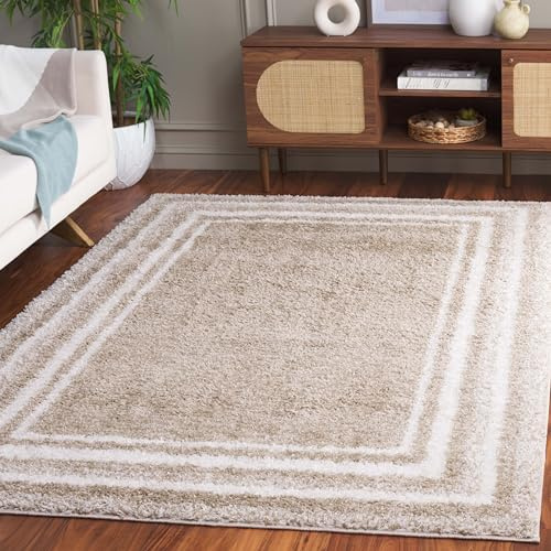 Safavieh Border & Stripe Shag Collection Area Rug - 5'3 x 7'6, Beige & Ivory, Modern Design, Plush 1.4-inch Thick, Ideal for High Traffic Areas in Living Room, Bedroom, Dining (BSP251B-5)