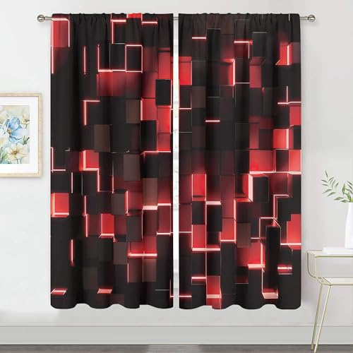MESHELLY Rote und schwarze Vorhänge, 106 x 160 cm (B x H), abstrakte Vorhänge, modernes 3D-Farbverlauf-Design, futuristische geometrische Würfel, Schlafzimmer, Fenstervorhänge, Mann, Jungen, bedruckt,