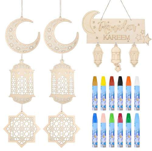 Meetory Holz Ornament Ramadan Deko, 7 Stücke Ramadan Mubarak Dekoration 12 Farbstifte, Eid Mubarak DIY Dekoration Anhänger mit Wachsmalstift, Kareem Dekoration für Hause und Terrasse