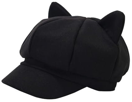 LUOFENG Party hat,Newsboys Beret Hat for Women Breathable Woolen Cabbie Hat Y2K Cool Girl Cat Ear Octagonal Cap Subculture Headwear Black