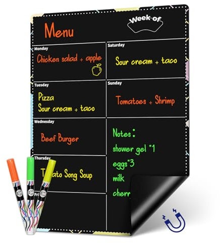 CUHIOY Weekly Meal Planner - 42x30 cm Magnetic Dry Erase Menu Board for Fridge - Includes 3 Chalk Markers, Notepad & Grocery List - Kitchen Refrigerator Chalkboard Magnet Organizer