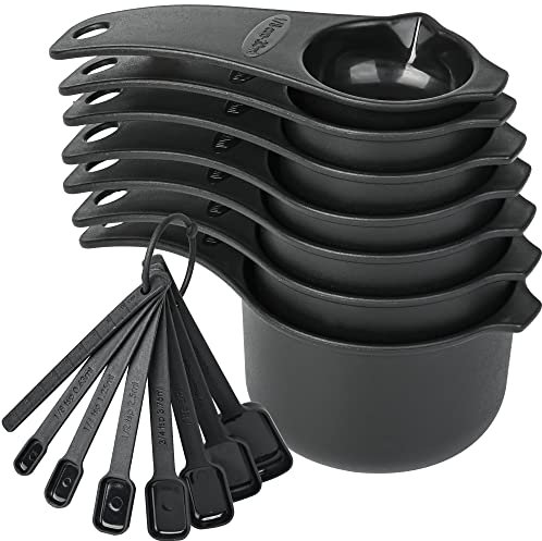 Smithcraft Measuring Cups and Spoons Set 15, Black Dry & Liquid Plastic Measuring Cups and Spoons, Metric & US 7 Measure Cups & 7 Measure Spoons for Kitchen & Baking