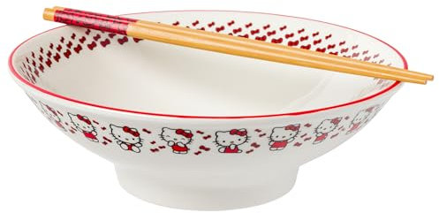 Silver Buffalo Hello Kitty Red Stripes and Bows Ceramic Ramen Noodle Rice Bowl with Chopsticks, Microwave Safe, 30 Ounces