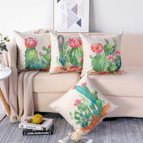 Ohok Juego de 4 fundas de cojín decorativas con diseño, de poliéster y lino, 45 x 45 cm, modernas, decorativas, para salón, dormitorio, sofá, sofá (cactus)