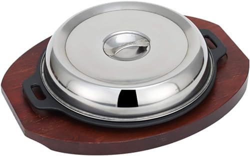 YISHUOYZBS Sartén de hierro fundido, con bandeja inferior de madera clara y cubierta de acero inoxidable, sartén de hierro fundido para el hogar o restaurante, 21 cm