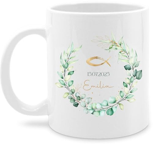 Tasse Tassen 325ml - Geschenk Taufe Fisch Motiv Eukalyptuskranz | Taufgeschenk mit Name und Datum - 325 ml - Weiß - persönliches kommunion personalisierte konfirmationsgeschenke konfirmation