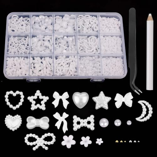 500pcs 3D Nail Charms, Mix-Style White Bow Nail Charms Heart Flower Pentagram Pearl Nail Charms Resin Nail Decorations with Tweezers Pickup Tool Nail DIY Accessories for Women Girls