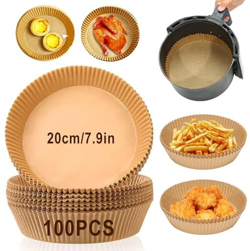 100PCS Air Fryer Disposable Paper Liners, 7.9in(20cm) Round Non-Stick Baking Parchment Paper, Multipurpose Oil-Proof Water-Proof Paper Liners for 5-7L Air Fryer Accessories Oven Microwave