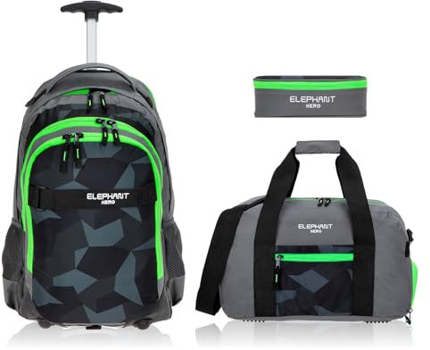 Elephant 3 Teile Set Trolley Hero Signature Schultrolley Schulranzen Trolly Sporttasche Mäppchen 12800 (Cyber Camo Grün 12771)