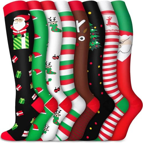 Kompressionsstrümpfe Damen 8 Paar Weihnachts Kompressionsstrümpfe Druck Weihnachtssocken Atmungsaktiv Kniestrümpfe Stretch Stützkniestrümpfe Einfach Compression Socks Damensocken Für Weihnachten