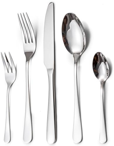 LAZAHOME Besteck Set, Edelstahl Spiegelpoliert 60 teilig Besteckset für 12 Personen, Essbesteck Set mit Messer Gabel Löffel für Familie/Party/Hotel/Restaurant, Silber Tafelbesteck, Spülmaschinenfest
