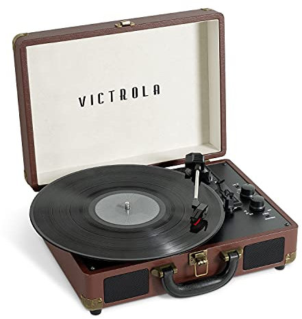 Victrola Journey+ Tocadiscos de Maleta con Bluetooth y Plato Giratorio de Tres velocidades | MARRÓN Oscuro | VSC-400SB-MAG