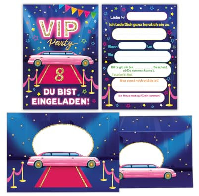 Junaversum 12 Einladungskarten incl. 12 Umschläge zum 8. Kindergeburtstag Mädchen VIP Disco Mädchengeburtstag Einladungen achte Geburtstag Kinder