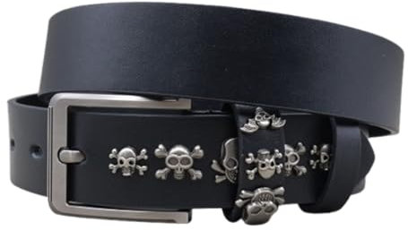 AGUTALITHIC Nietengürtel Leder Metall Totenkopf und Kreuzknochen Punk Rock Ledergürtel für Damen/Herren Gotischer Gürtel Zubehör für Jeanshosen(125cm/49, Black)