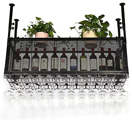 Adjustable Height Ceiling Hanging Wine Rack Shelf for Restaurant Cafe Kitchen 2 Layer Glassware Holder and Wall Mounted Floating Display Cabinets Wine Bottle Storage Organizer