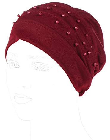 Damen Kopftuch mit Perlen, einfarbig, luxuriös, Turban, Hijab, Rüschen, Chemo
