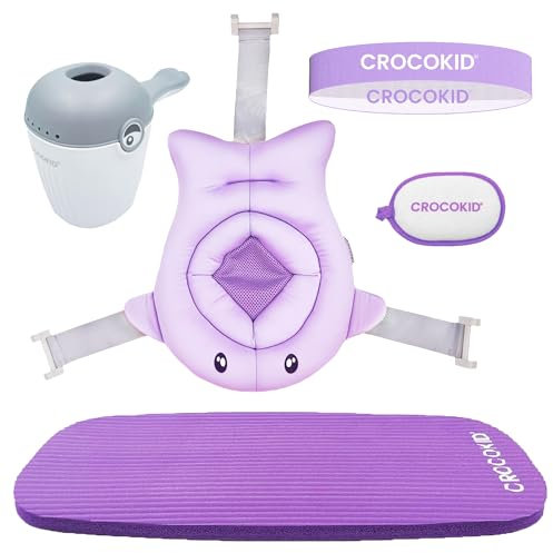 CROCOKID® Accessoires Baignoire Bébé - Coussin de Bain Bebe Universel avec Rince Tete Bébé | Kit Bain Bebe Complet 5 Accessoires, Compatible Baignoire Bebe Pliable - Violet
