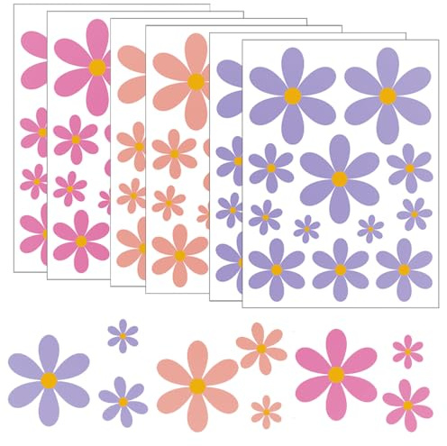 6 Sheets Daisy Wall Decals, Vinyl Flower Wall Stickers, Pink/Purple/Orange | Peel and Stick, Self-adhesive Daisy Sticker, Wall Art Stickers, for Kids Girls Nursery Playroom Bedroom Living Room