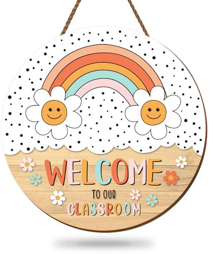 FYSUIMU Boho Rainbow Classroom Welcome Door Sign Back to School Wooden Hanging Sign Groovy Welcome to Our Classroom Door Decor for Indoor Outdoor Porch Wall