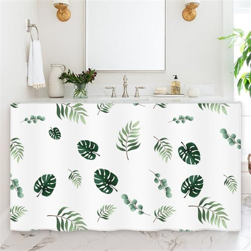 Highdi Rideau Armoire Cuisine Courts, Meuble Rideau Cache Placard Anti Poussière Auto-Adhésif sans Perçage pour sous Evier, Cuisine Porte de Placard, Étagères (Feuilles Aquarelle,60x70cm)