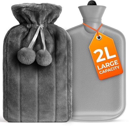 2L Hot Water Bottle with Grey Faux Fur Cover - Hot Water Bottle with Pom Poms for Pain Relief, Hand and Foot Warmer - Luxury, Soft and Washable Hot Water Bag for Hot and Cold Compress