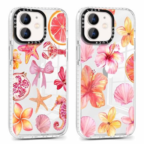Vxinvnoi 2 Stück Handyhülle für iPhone 12/iPhone 12 Pro Hülle,Hibiskus Blumen Motiv Aesthetic Bunt Sommer Muster Mädchen Case, Transparent Weich Silikon TPU Stoßfeste Schutzhülle für iPhone 12 6,1,01