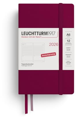 LEUCHTTURM1917 372598 Tageskalender Pocket (A6) 2026, 12 Monate, Port Red, Deutsch
