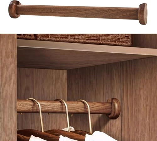 Robuste Kleiderstange aus Holz, extra dick, oval, mit Endstütze, einfache Installation, natürliches dunkles Holz, Kleiderstange (130 cm)
