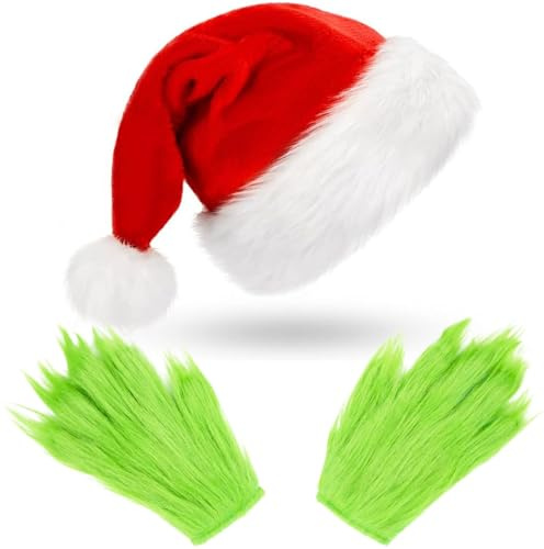 Weihnachtsmütze Cosplay, Weihnachtsmützen Erwachsene, Nikolausmütze, Pelzige Hand Handschuhe, Weihnachten Handschuhe, Lustige Cosplay Kostüm Zubehör für Feiertagspartys, Cosplay, Bühnenauftritte