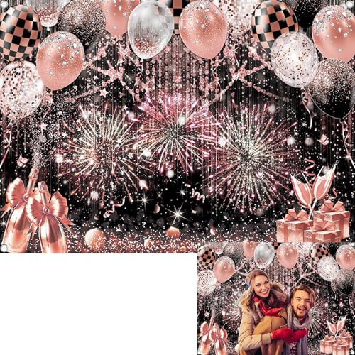 Toile de fond à paillettes noires et roses Ballons noirs et roses Arrière-plan de photographie Bal de fin d'année Nouvel An Mariage Fête d'anniversaire Décoration de fête Bannière Fournitures photo