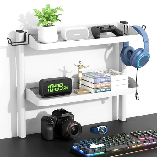 Clamp on Desk Shelf, 2-Tier Office Desk Shelves Organizer, 17in Small Shelf for Top of Desk with Headphone Holder and Hooks, Desktop Storage Rack for Home Workspace, Study Rooms, Gaming Accessories