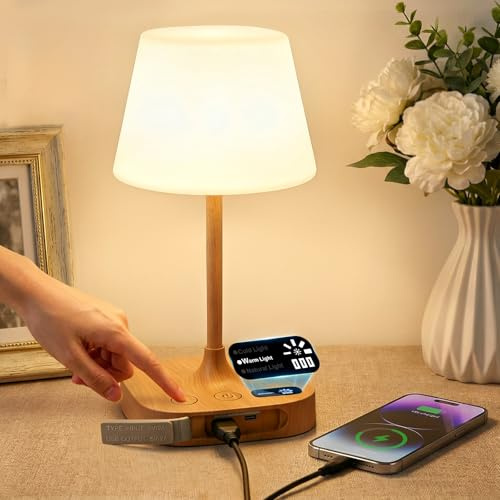Nachttischlampe Touch Dimmbar, Tischlampe Kabellos mit 3 Modi & Memory | LED Tischlampe Akku USB Aufladbar mit LCD Display, IP55 Wasserdicht,Holzsockel Modern Deko für Schlafzimmer,Wohnzimmer,Balkon
