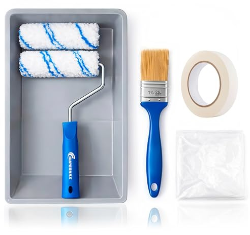 Kit de Pintura 7 en 1 SUPERHAX® – Bandeja, Rodillo 10 cm con 2 Recambios, Brocha, Cinta de Carrocero y Plástico Protector 4x5m, Set Completo para Paredes y Bricolaje