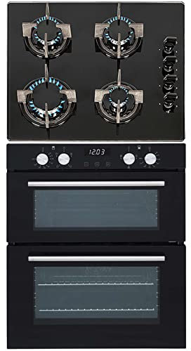 SIA 60cm Black Built Under Double Electric Fan Oven & 4 Burner Gas On Glass Hob