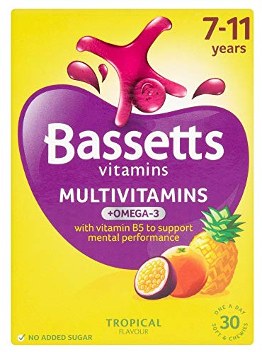 Bassetts Vitamins Omega-3 & Multivitamins Tropical Flavour 7-11 Years, 30 tablets