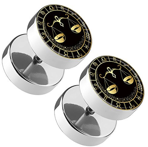 Piercingfaktor 1 Paar Fake Piercing Runde Ohrringe Ohrstecker Ohr Plug Flesh Tunnel mit Sternzeichen Motiv Tierkreiszeichen Waage