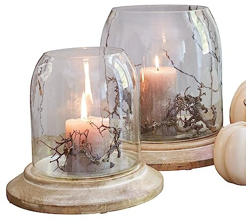 Loberon Windlicht 2er Set Bran, von Hand gearbeitet, mundgeblasen, Zwei Größen, für Stumpenkerzen, Kerzenhalter, Dekoration, Glas, Mangoholz, klar/antikbraun