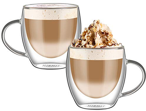HIRMIT Double Walled Coffee Glasses Mugs Cappuccino Latte Macchiato Glasses Cups Pack of 2 (with Handle 250ml)