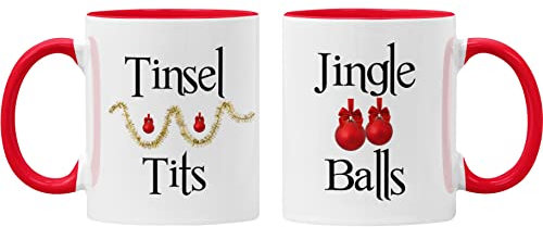 Tinsel Tits & Jingle Balls Mug Set Couple Gift Him & Her Christmas Cups (Red)