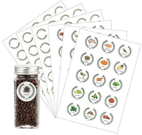 Azatemgo 105 PCS Etiquette épices Autocollante Français Lot de 45 ,autocollantes avec motifs et lettres d'épices pour pots et 60 étiquettes vierges Ø 4 CM